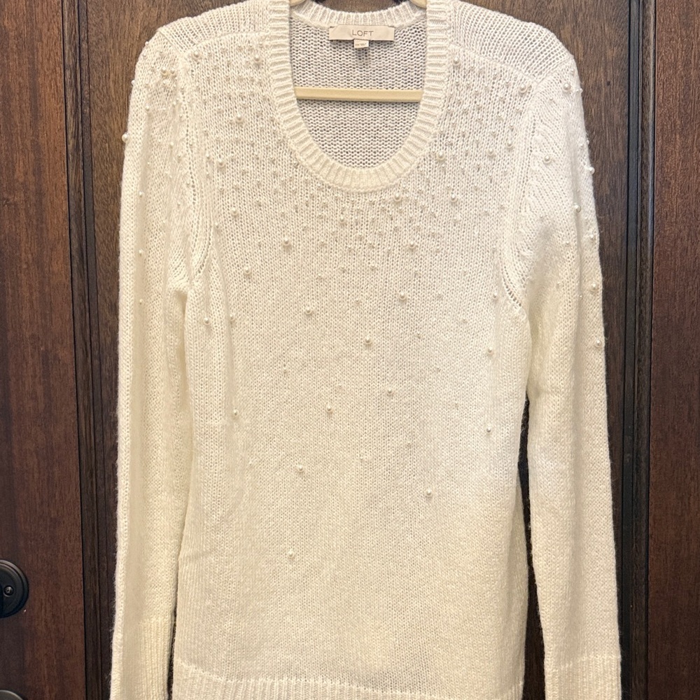 LOFT Women's Textured Cream Sweater with pearl detail